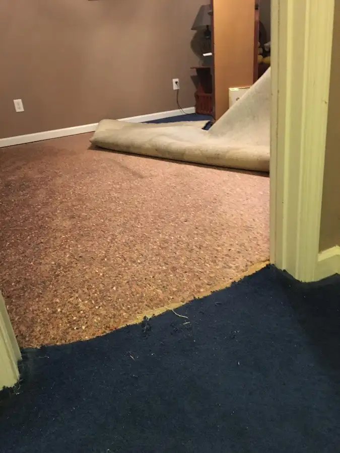 Carpet pad removal revealing water damage during Water Mitigation Services in Peninsula